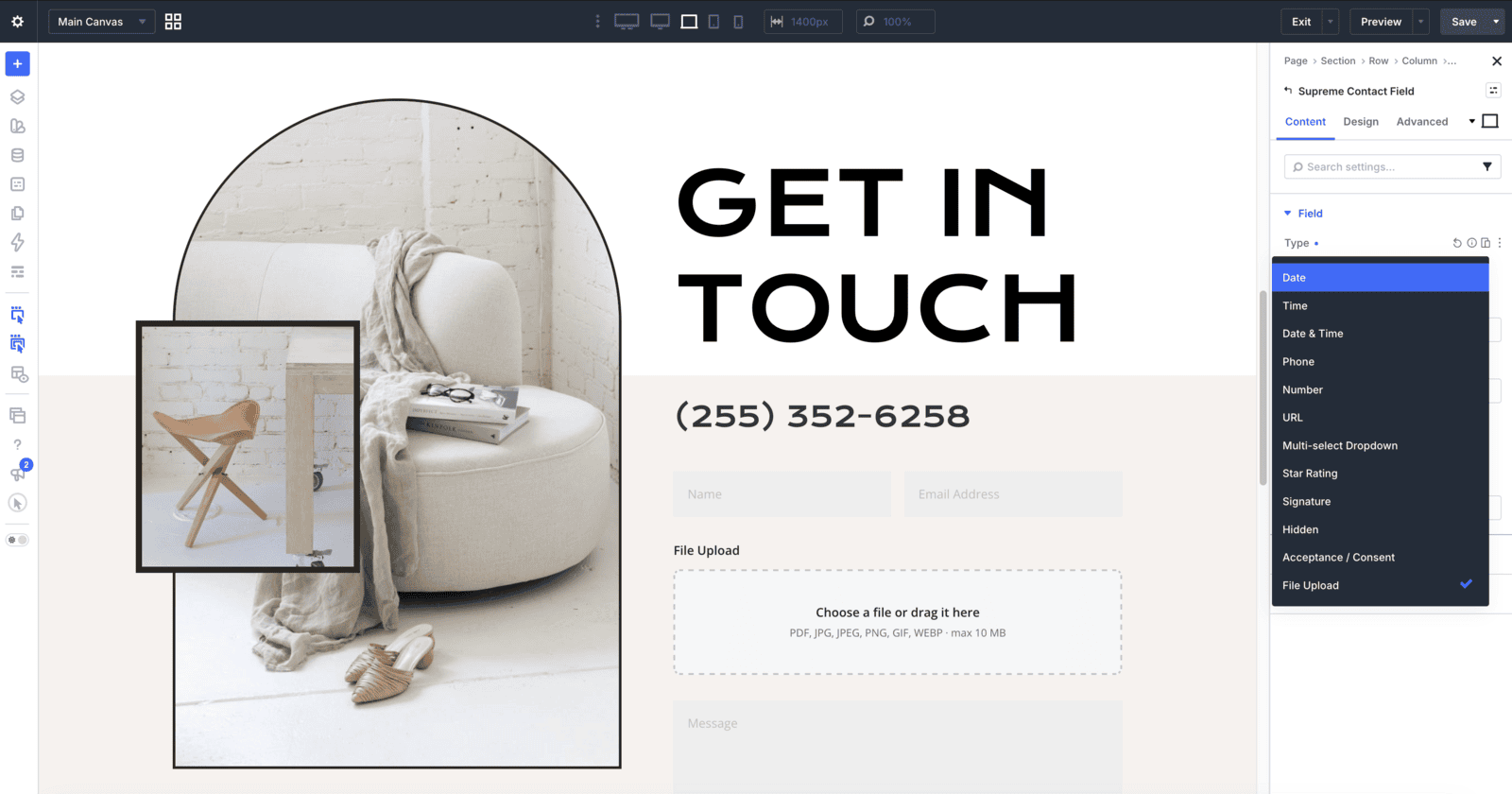 Contact Form Pro field types for Divi: phone, date, file upload, signature