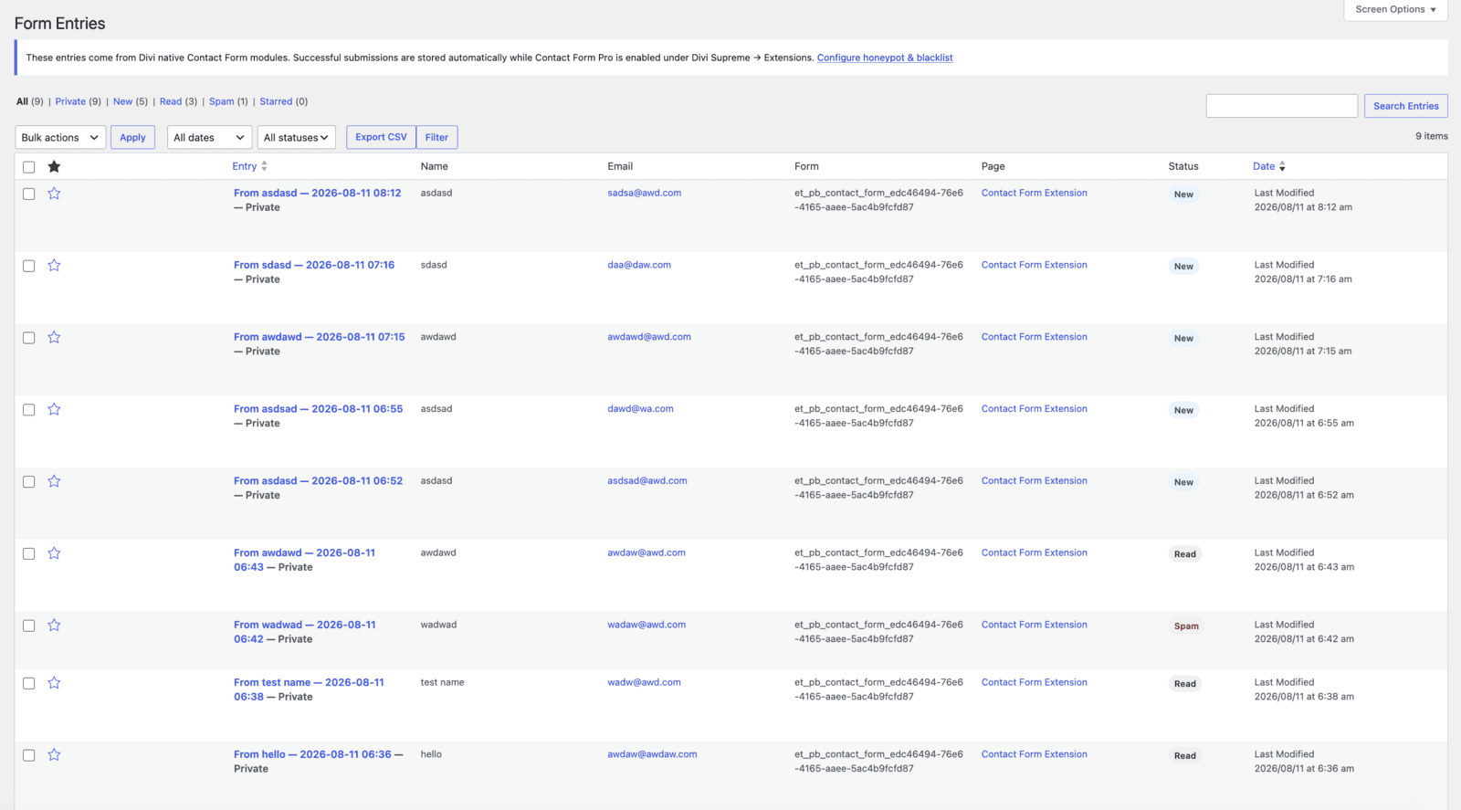 Divi Supreme Contact Form Pro: saved form entries with CSV export