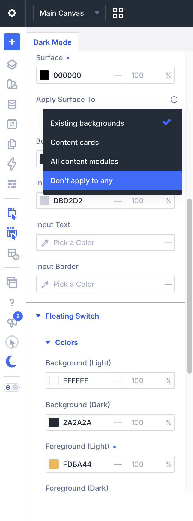 Apply Surface to dropdown in Divi Supreme Dark Mode: Existing backgrounds, Content cards, All content modules, Don't apply to any
