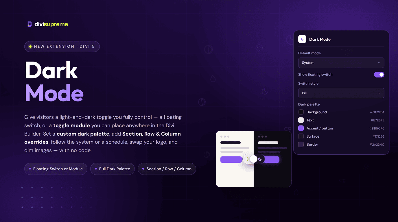Dark Mode for Divi — Divi Supreme Pro Divi Supreme Dark Mode extension — light and dark toggle with custom dark palette
