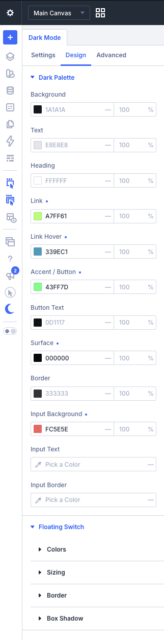 Divi Supreme Dark Mode dark palette settings: background, text, heading, link, accent and border colours