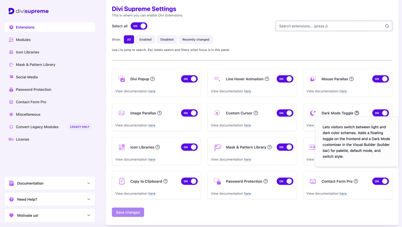 Enable the Dark Mode Toggle extension under Divi Supreme settings