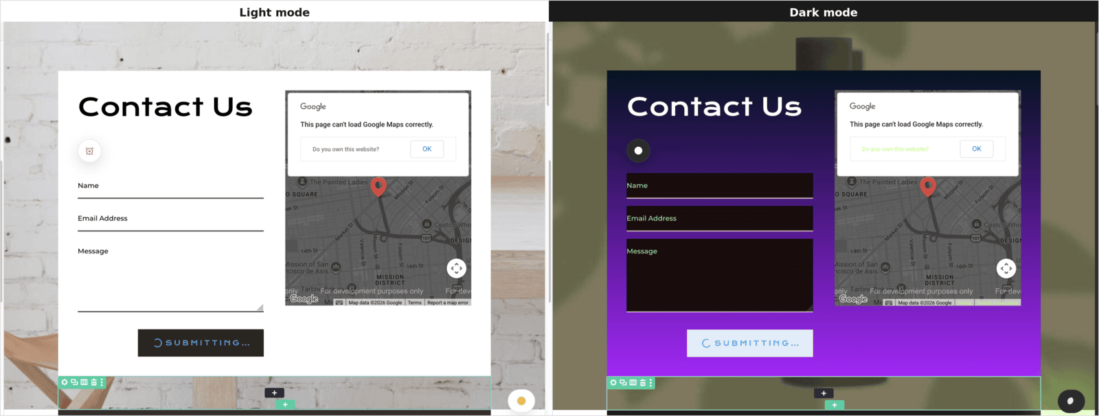 A Divi page in light and dark mode with the Dark Mode floating switch, showing the same design in both schemes