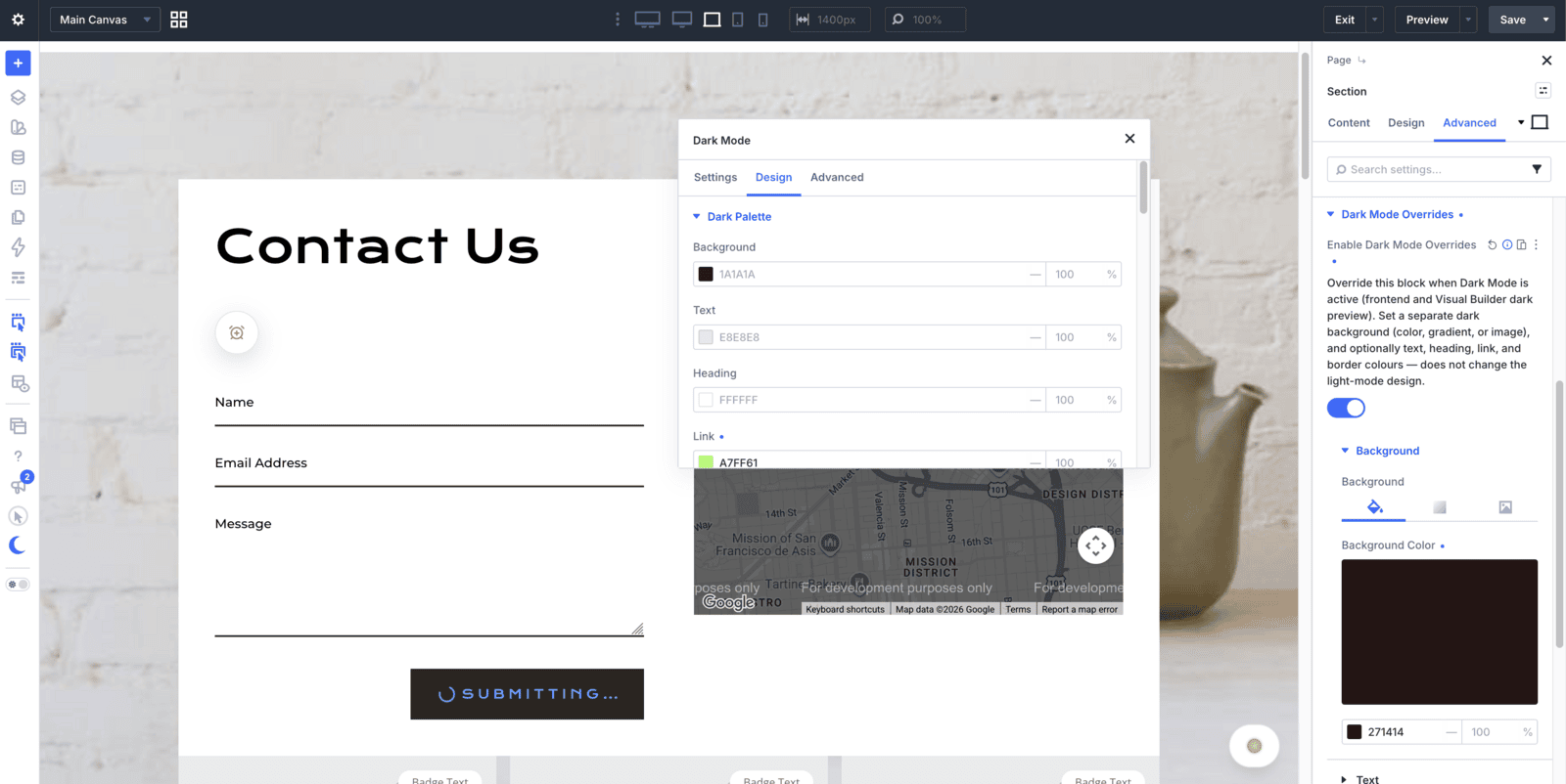 Dark Mode Overrides on a Divi section: set a separate dark background without changing the light-mode design