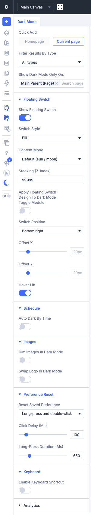 Divi Supreme Dark Mode settings: default mode, display conditions, floating switch, schedule and preference reset