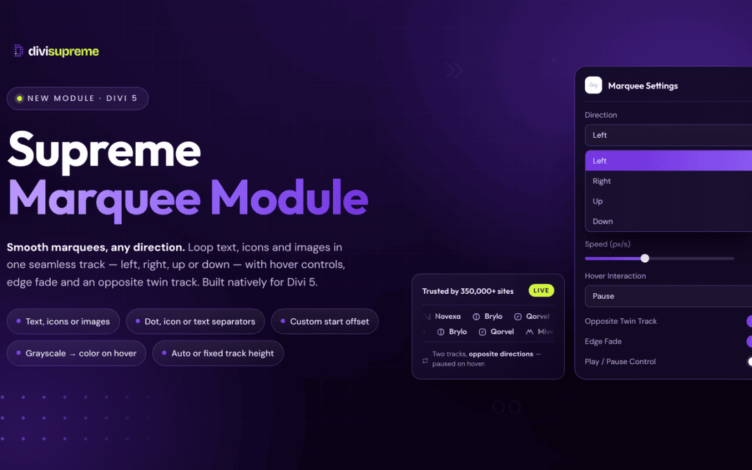 Divi Supreme Marquee module banner — Supreme Marquee Module for Divi 5 with direction, speed and twin-track settings