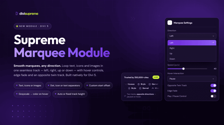 Supreme Marquee Module for Divi 5: infinite scrolling strips of logos, text, and icons Divi Supreme Marquee module banner: Supreme Marquee Module for Divi 5 with direction, speed and twin-track settings