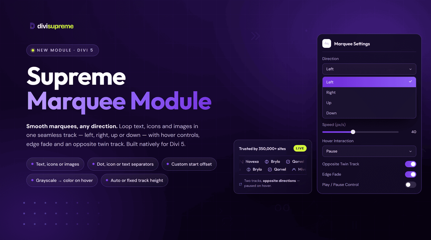 Supreme Marquee Module for Divi 5 — infinite scrolling strips of logos, text, and icons Divi Supreme Marquee module banner — Supreme Marquee Module for Divi 5 with direction, speed and twin-track settings