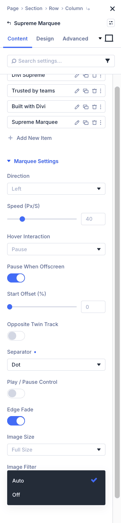 Divi Supreme Marquee module motion settings: direction, speed, hover interaction and opposite twin track