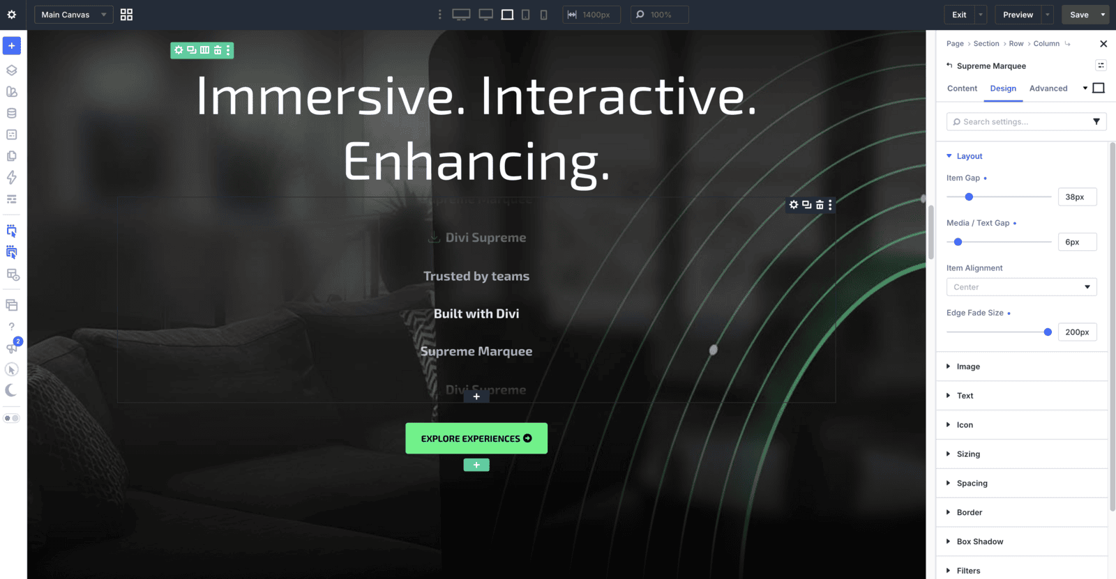 Divi Supreme Marquee module: vertical feature rail scrolling icon-and-text marks upward
