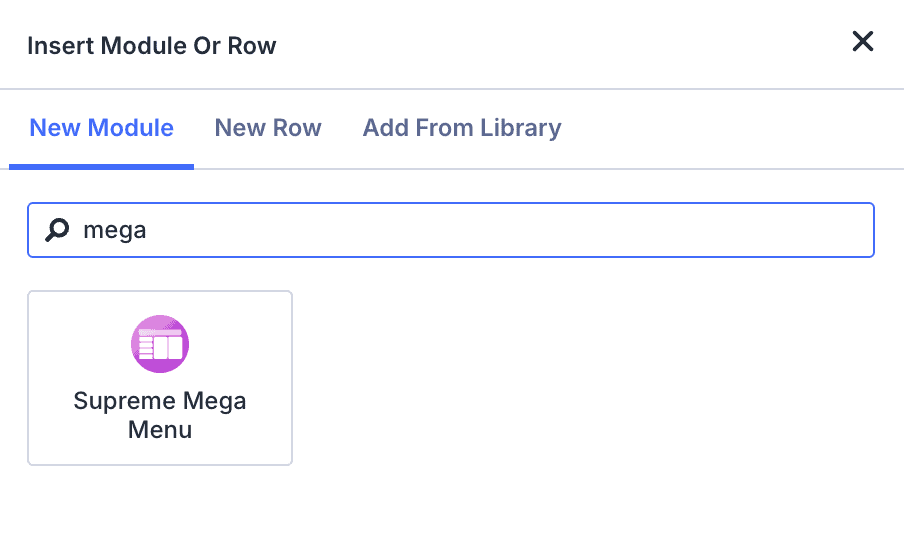 Insert Module dialog in the Divi 5 builder with the Supreme Mega Menu module found by search