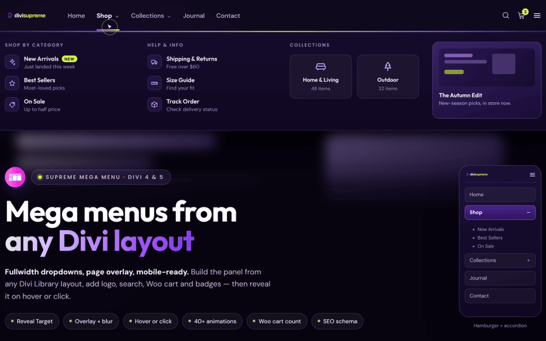 Supreme Mega Menu for Divi — mega menu dropdown built from a Divi Library layout, with mobile accordion
