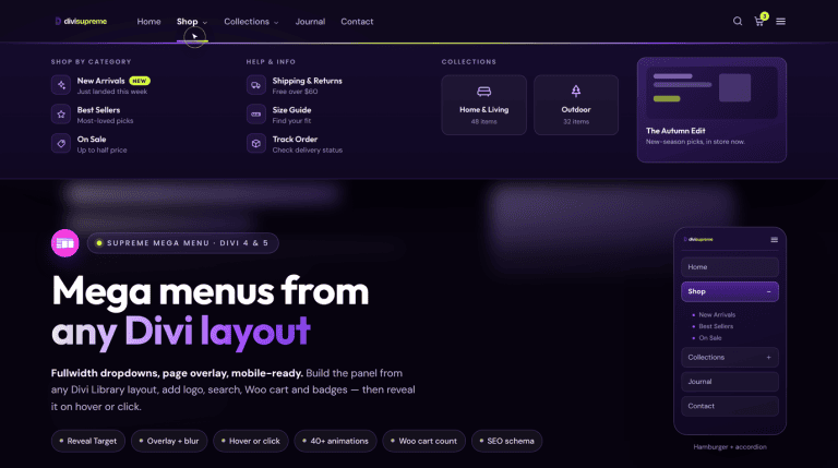 Supreme Mega Menu for Divi: mega menu dropdown built from a Divi Library layout, with mobile accordion