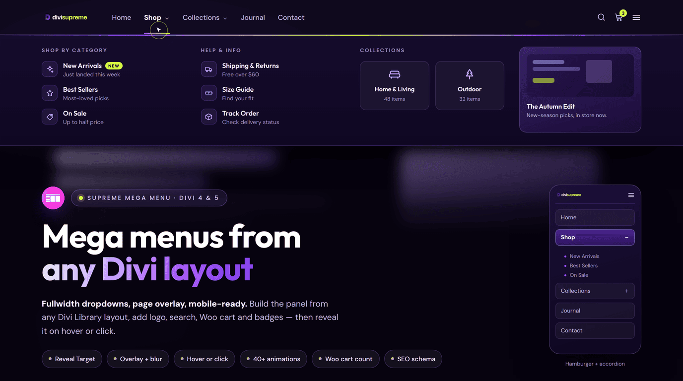 Supreme Mega Menu for Divi banner Supreme Mega Menu for Divi — mega menu dropdown built from a Divi Library layout, with mobile accordion