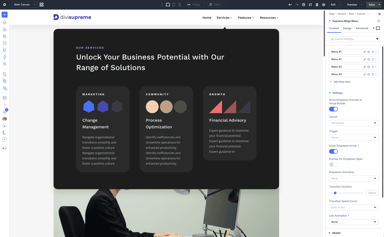Supreme Mega Menu dropdown rendering live inside the Divi 5 Visual Builder with Show Dropdown Preview enabled