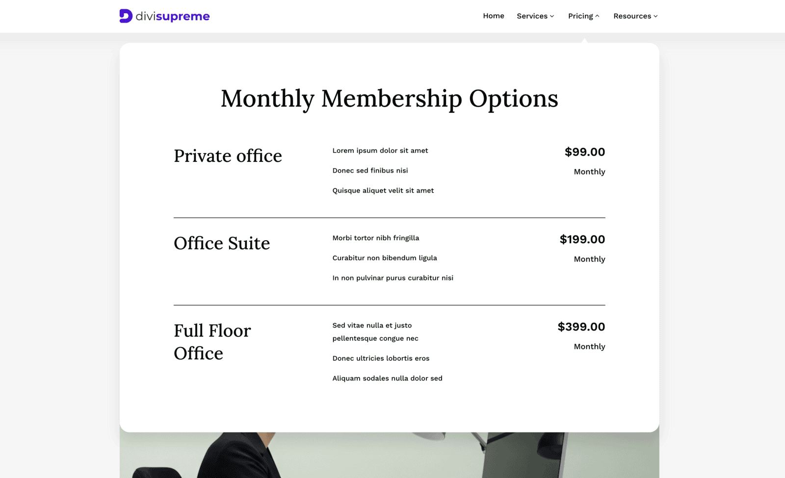 Supreme Mega Menu for Divi with a wide pricing dropdown open on a live page