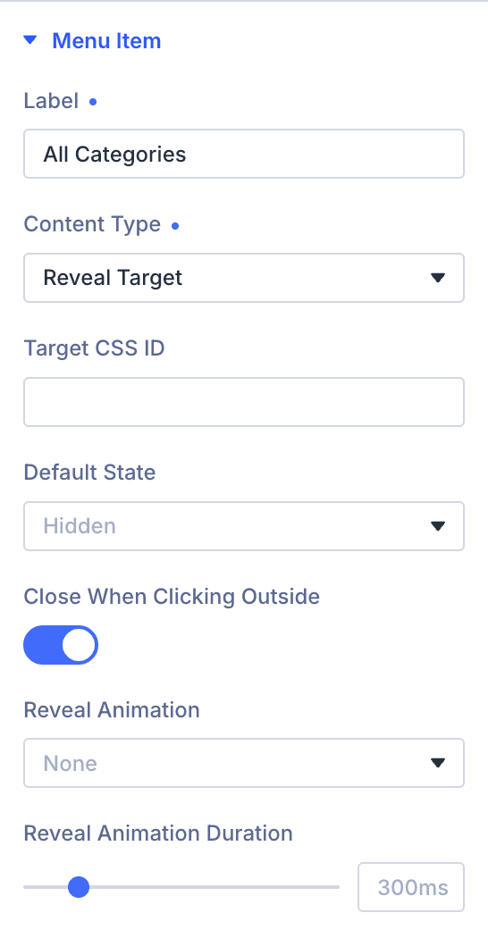 Reveal Target settings in Supreme Mega Menu with Target CSS ID, Default State and Reveal Animation