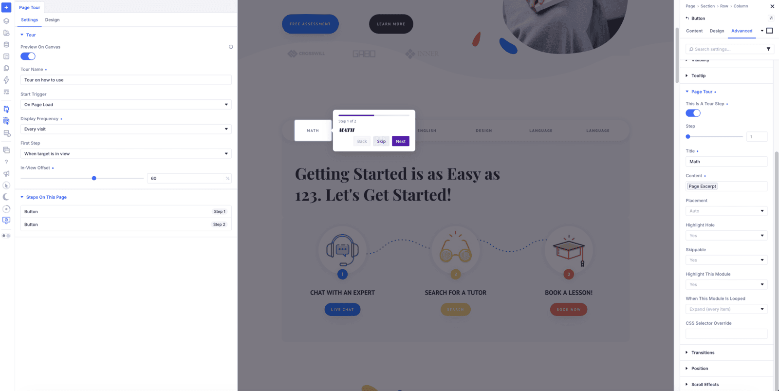Page Tour group open in the Divi 5 Advanced tab with This Is A Tour Step switched on, Step number, Title and Content fields