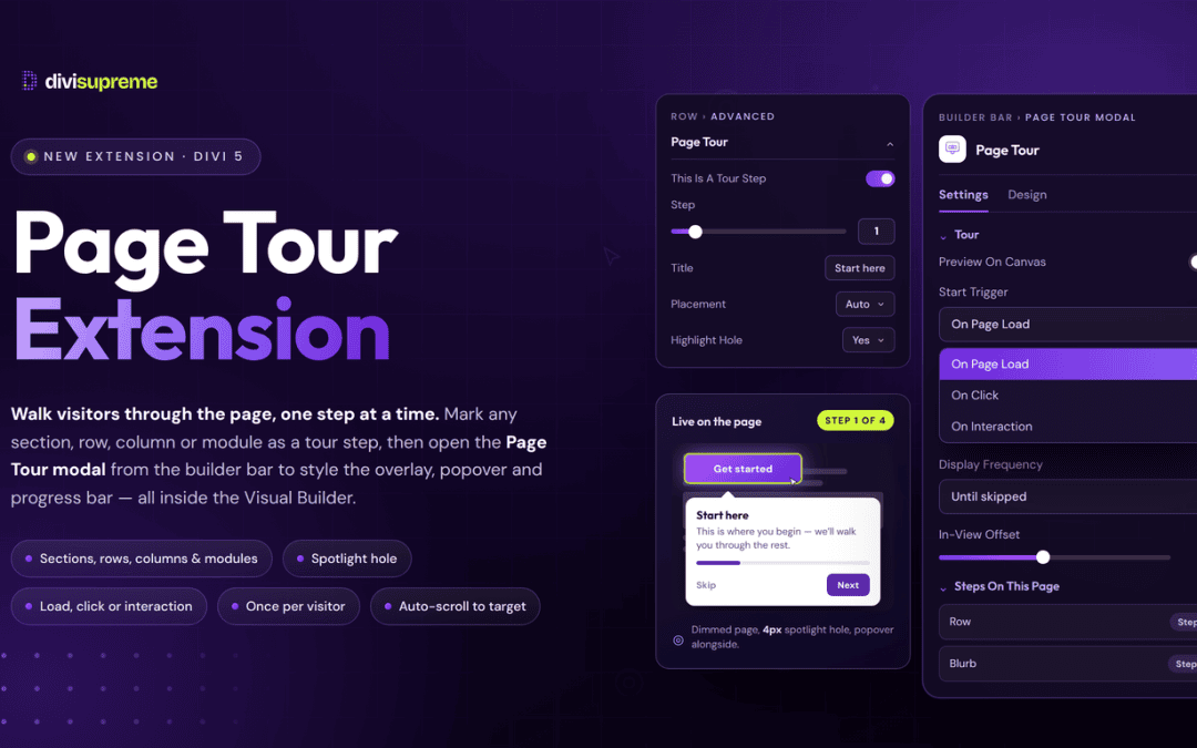 Divi Supreme Page Tour extension: mark any module as a tour step and style the overlay and popover