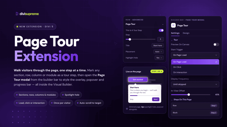 Divi Supreme Page Tour extension: mark any module as a tour step and style the overlay and popover