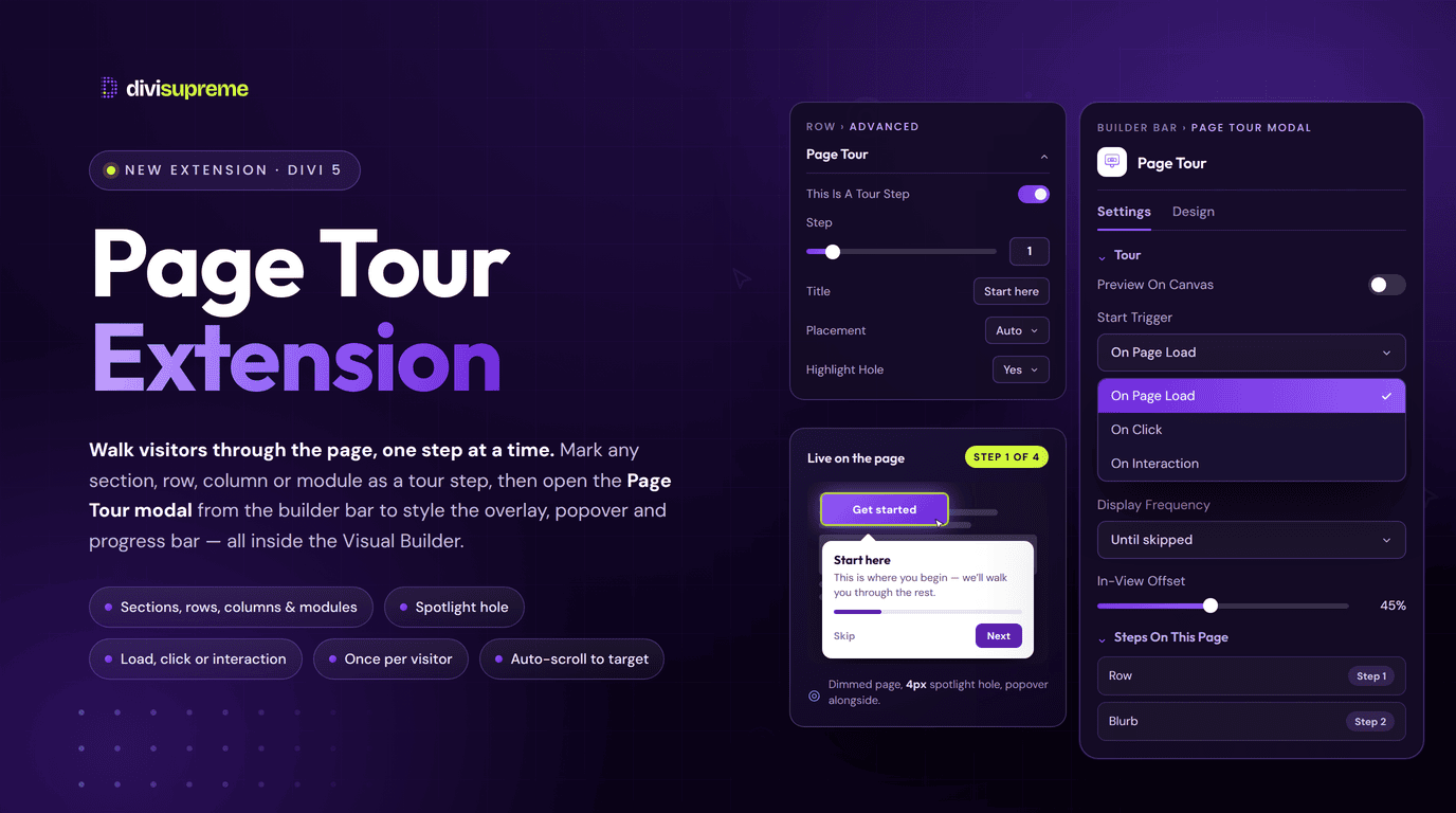 Divi Supreme Page Tour extension: mark any module as a tour step and style the overlay and popover