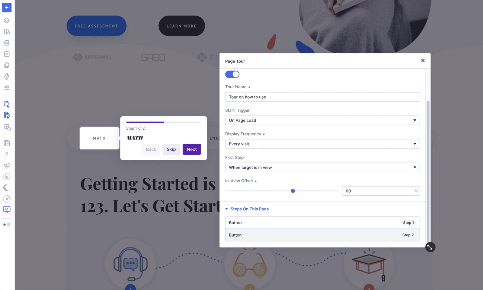 Page Tour customiser in the Divi Visual Builder showing Tour Name, Start Trigger, Display Frequency, First Step, In-View Offset and the Steps On This Page list