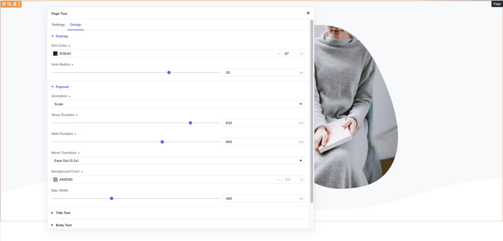 Page Tour Design tab in Divi 5 showing Overlay dim colour and hole radius, plus popover animation, show and hide duration, move transition, background colour and max width