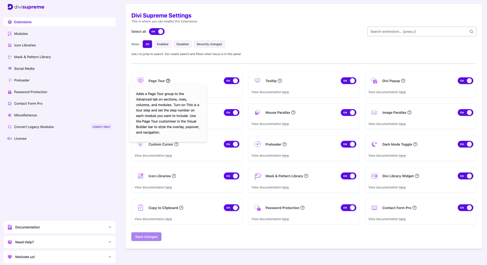 Divi Supreme Settings Extensions page with Page Tour switched on and its description tooltip visible