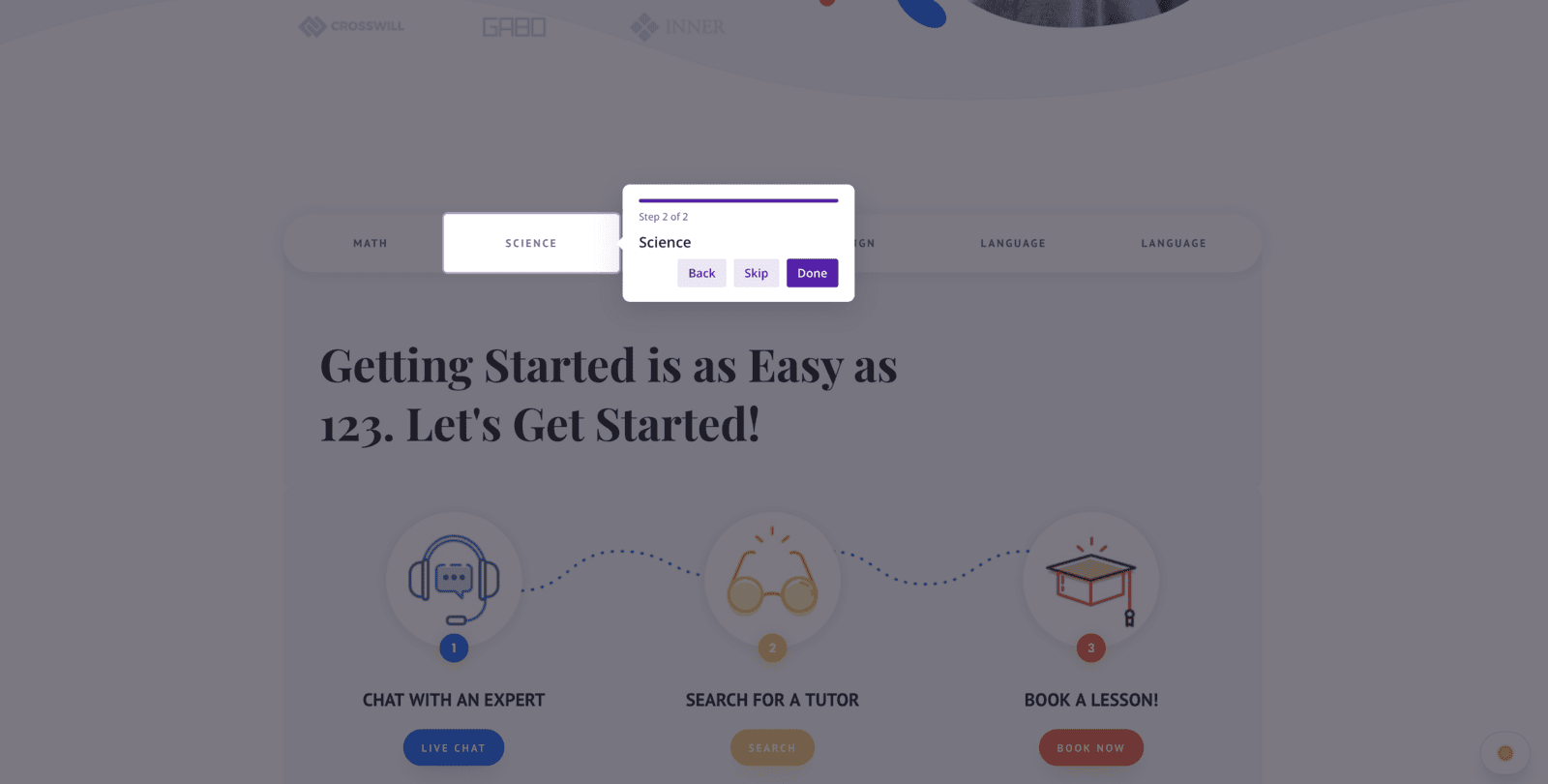Divi Page Tour running on a live page: dimmed overlay, highlighted menu item, and a Step 2 of 2 popover with Back, Skip and Done buttons