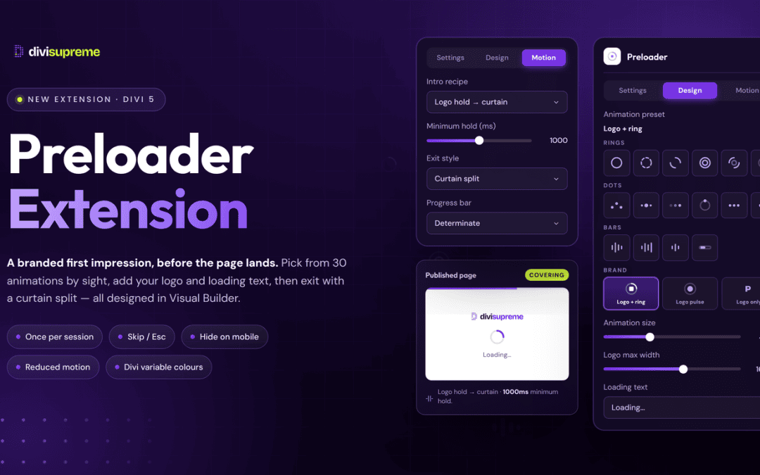 Divi Supreme Preloader extension — branded loading screen with logo, spinner and 30 animation presets