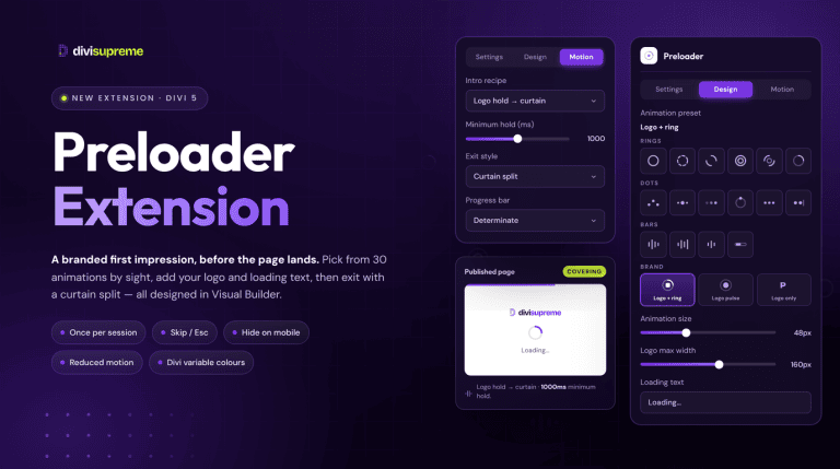 Preloader for Divi Divi Supreme Preloader extension: branded loading screen with logo, spinner and 30 animation presets
