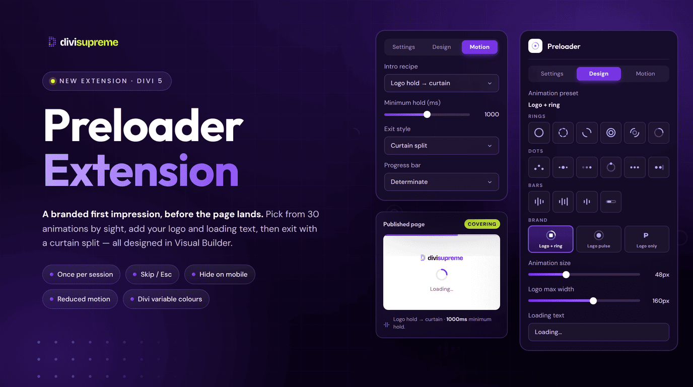 Preloader for Divi Divi Supreme Preloader extension — branded loading screen with logo, spinner and 30 animation presets