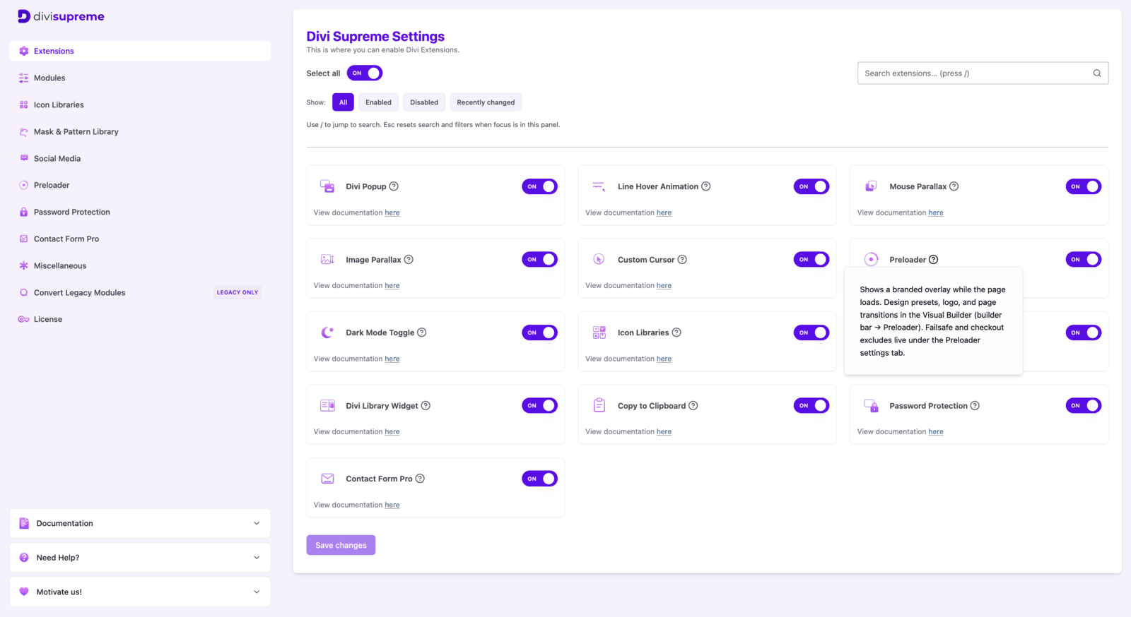 Enable the Preloader extension under Divi Supreme settings