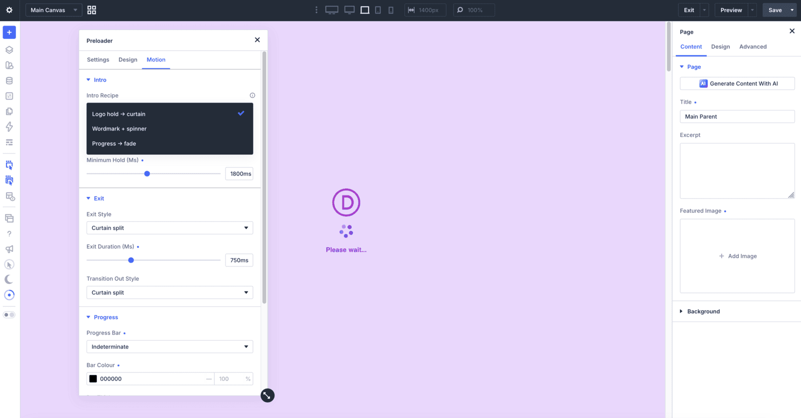 Divi Supreme Preloader Motion tab: intro recipe, minimum hold, and curtain-split exit settings