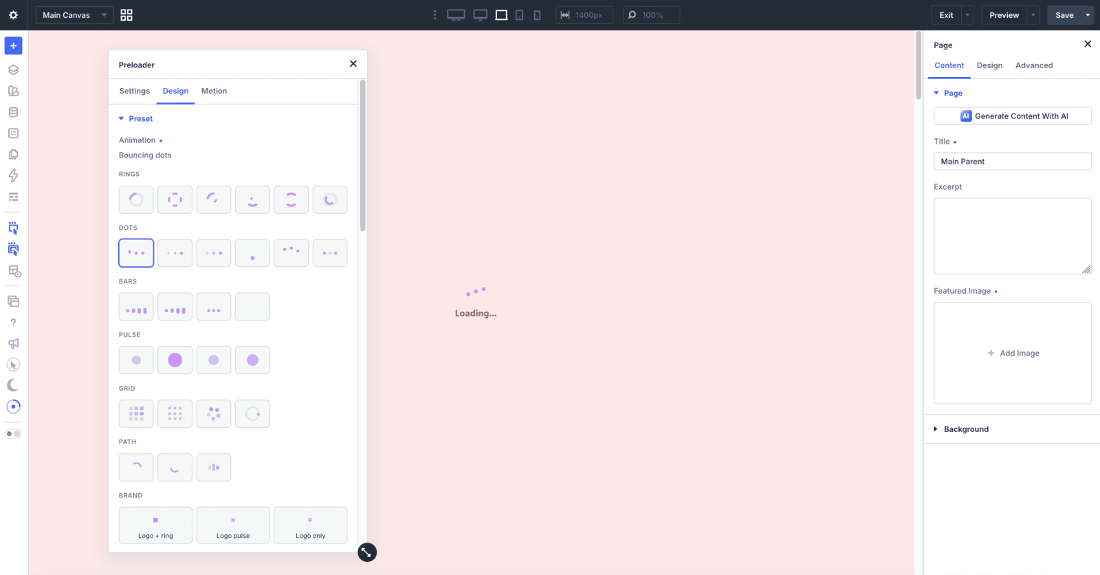Divi Supreme Preloader preset grid: 30 ring, dot, bar, pulse and brand animations in the Design tab