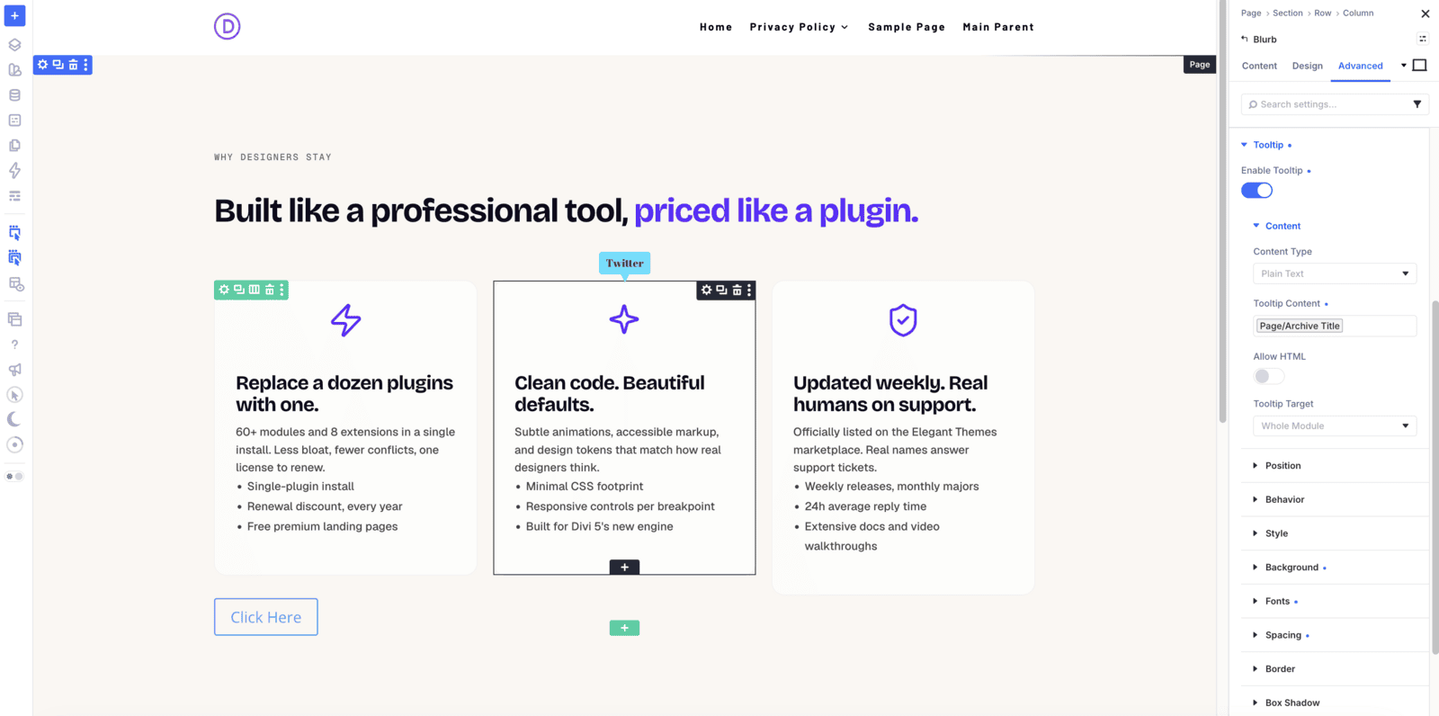 Tooltip group open in the Divi 5 Advanced tab on a Blurb module with Enable Tooltip switched on