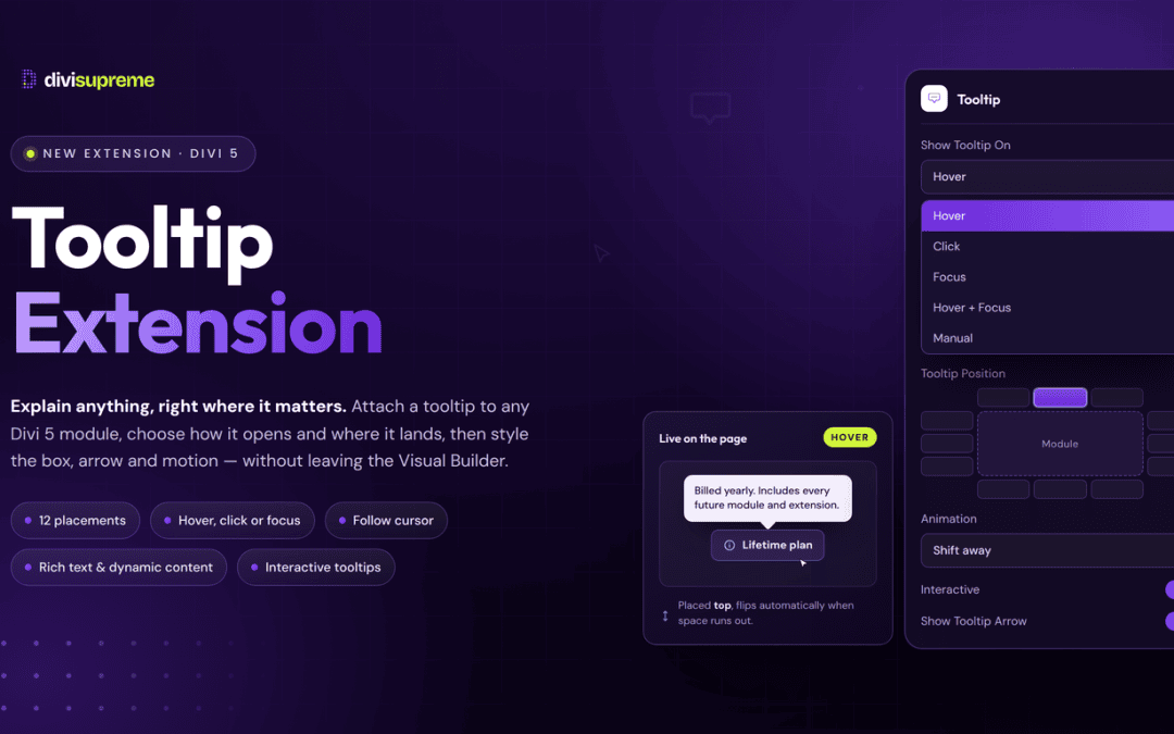 Tooltip Extension for Divi 5 by Divi Supreme, showing tooltip settings and a live tooltip on a page