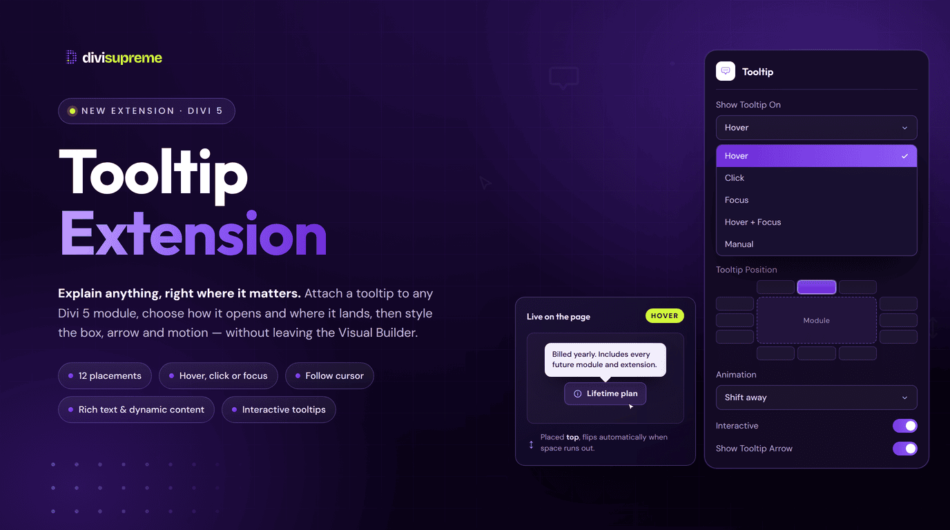 Divi Supreme Tooltip Extension for Divi 5 Tooltip Extension for Divi 5 by Divi Supreme, showing tooltip settings and a live tooltip on a page
