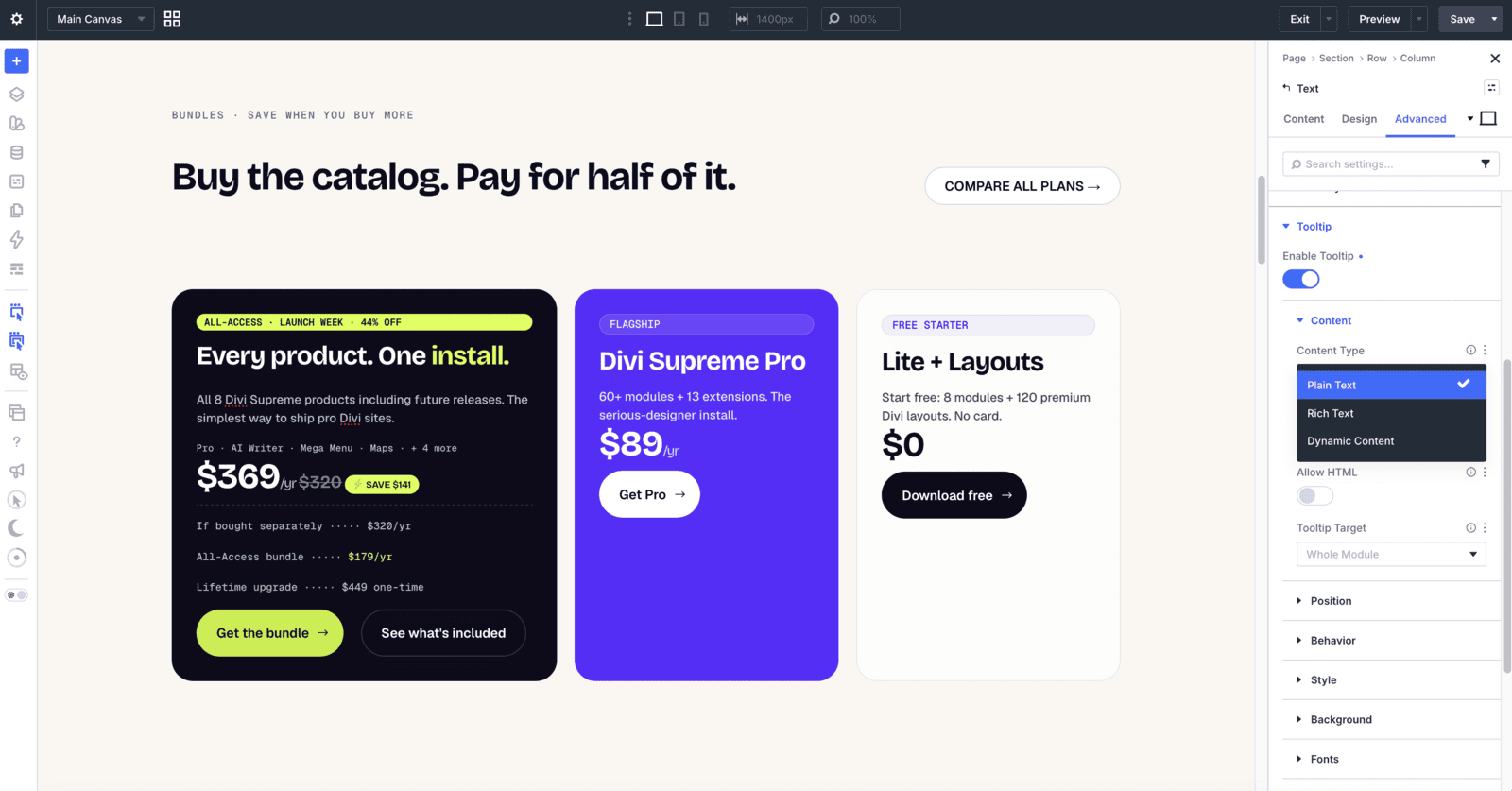 Tooltip Content Type dropdown open in Divi 5 showing Plain Text, Rich Text and Dynamic Content