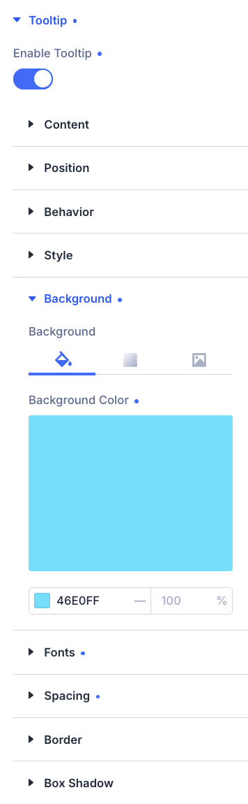 Tooltip Background colour picker alongside the Fonts, Spacing, Border and Box Shadow groups in Divi 5