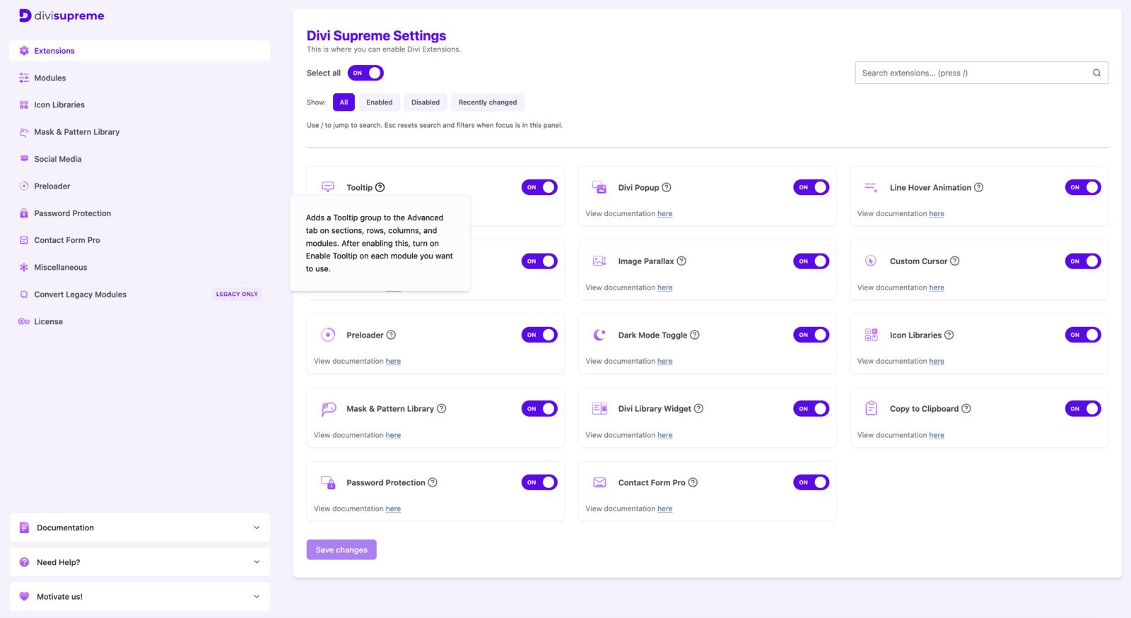 Divi Supreme Settings extensions page with the Tooltip extension switched on and its description tooltip showing