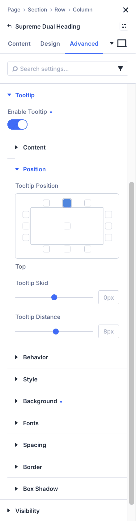 Thirteen cell tooltip position picker with Tooltip Skid and Tooltip Distance sliders in the Divi 5 builder