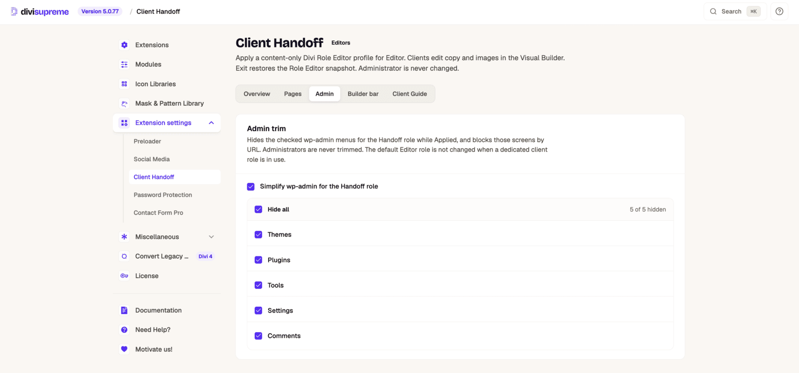 Admin trim settings hiding wp-admin menus for the Handoff role