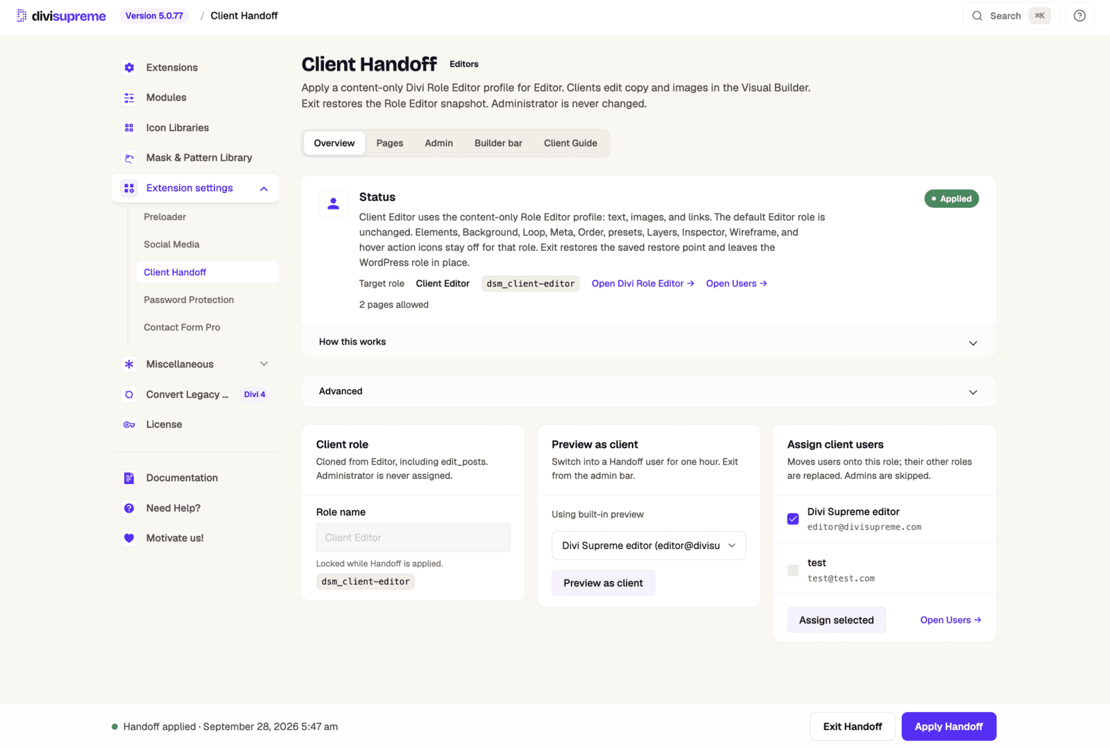 Client Handoff tab showing Apply Handoff, target role and status