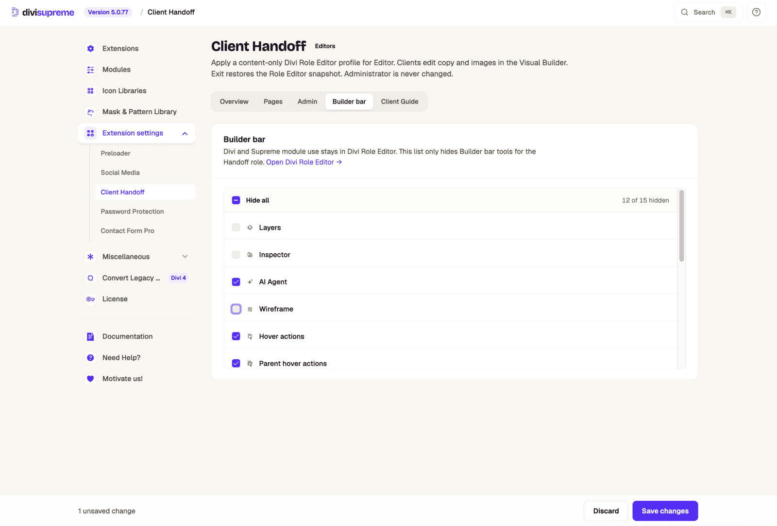 Builder bar checklist hiding Divi Visual Builder tools for the client role