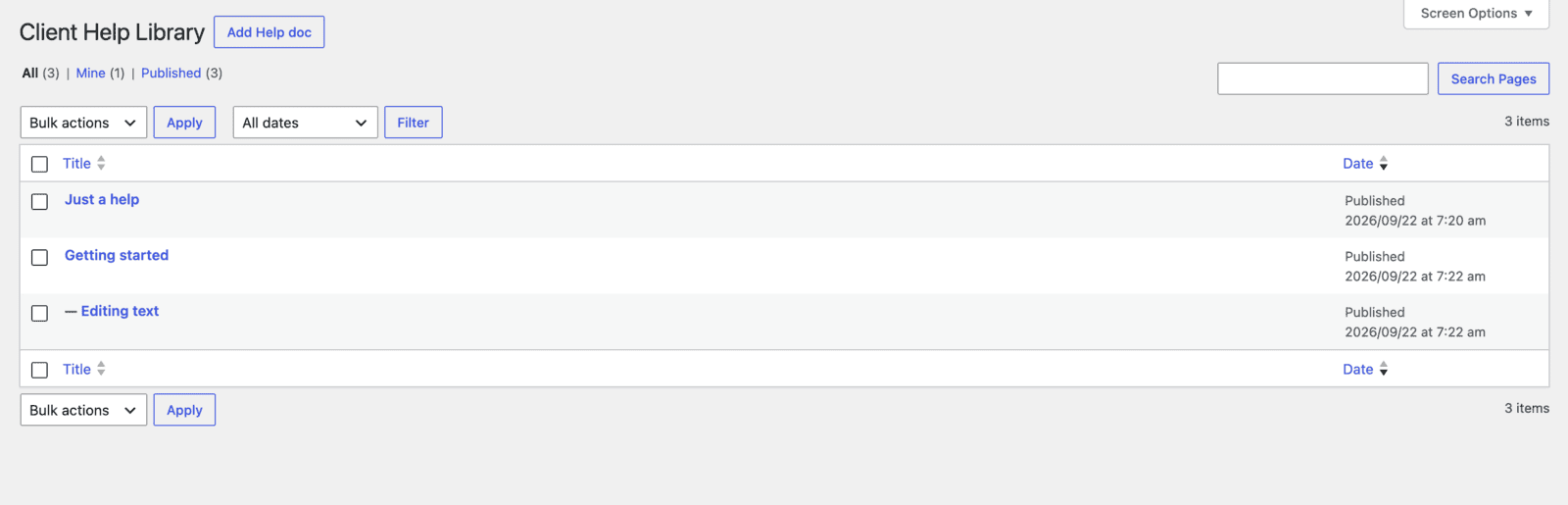 Client Help Library admin screen listing hierarchical help docs