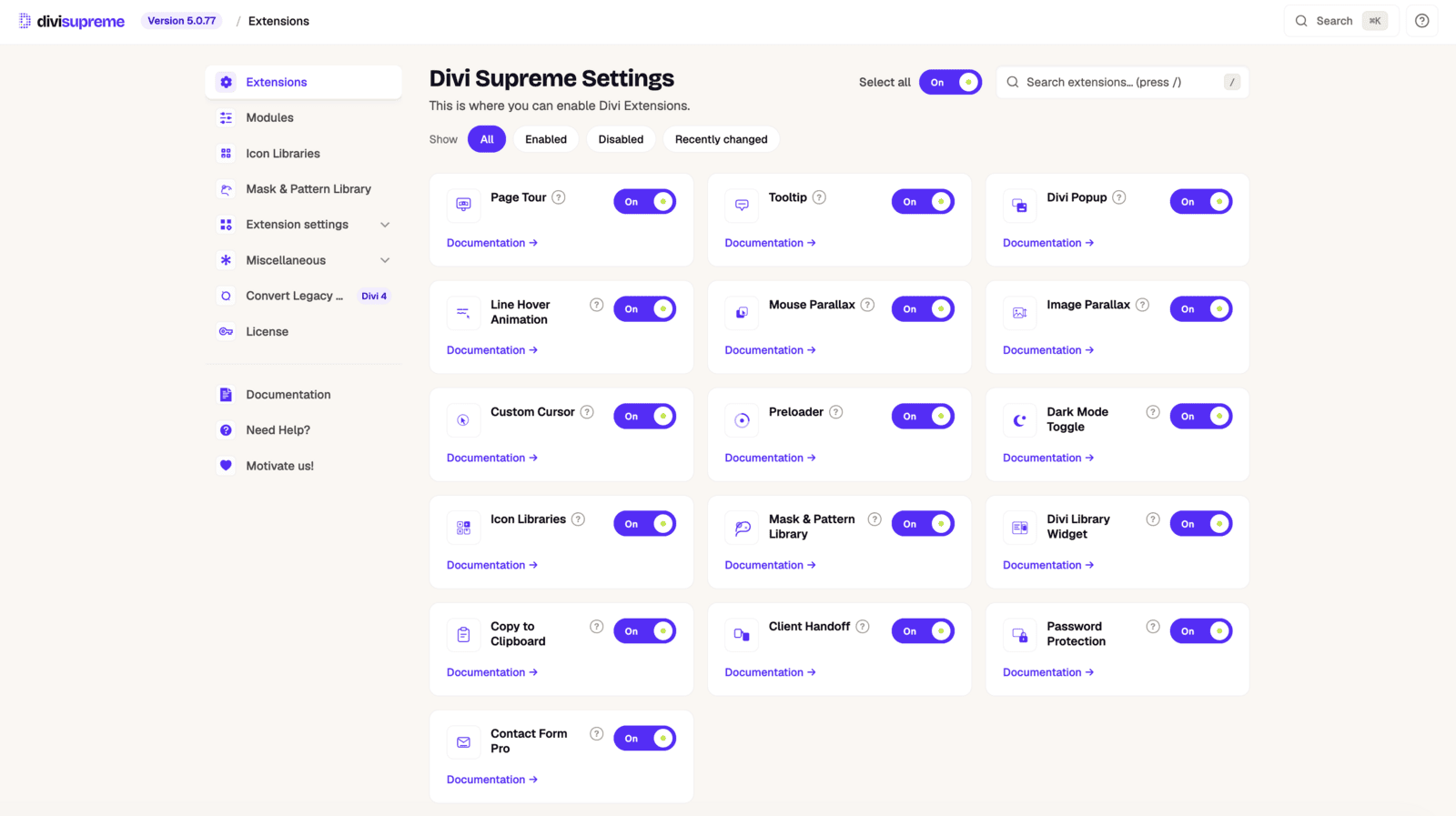 Divi Supreme Pro Extensions screen with Client Handoff switched on