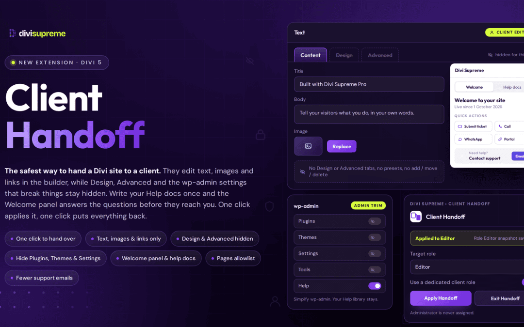 Client Handoff extension for Divi Supreme Pro, showing the content-only editor trim, wp-admin trim, and Apply Handoff panel