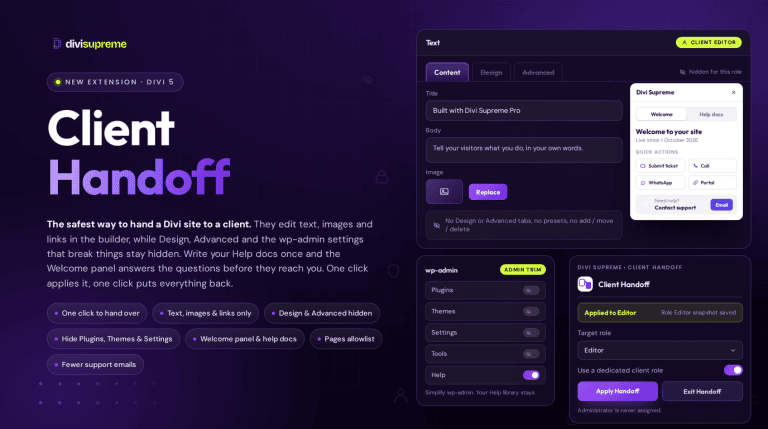 Client Handoff extension for Divi Supreme Pro, showing the content-only editor trim, wp-admin trim, and Apply Handoff panel