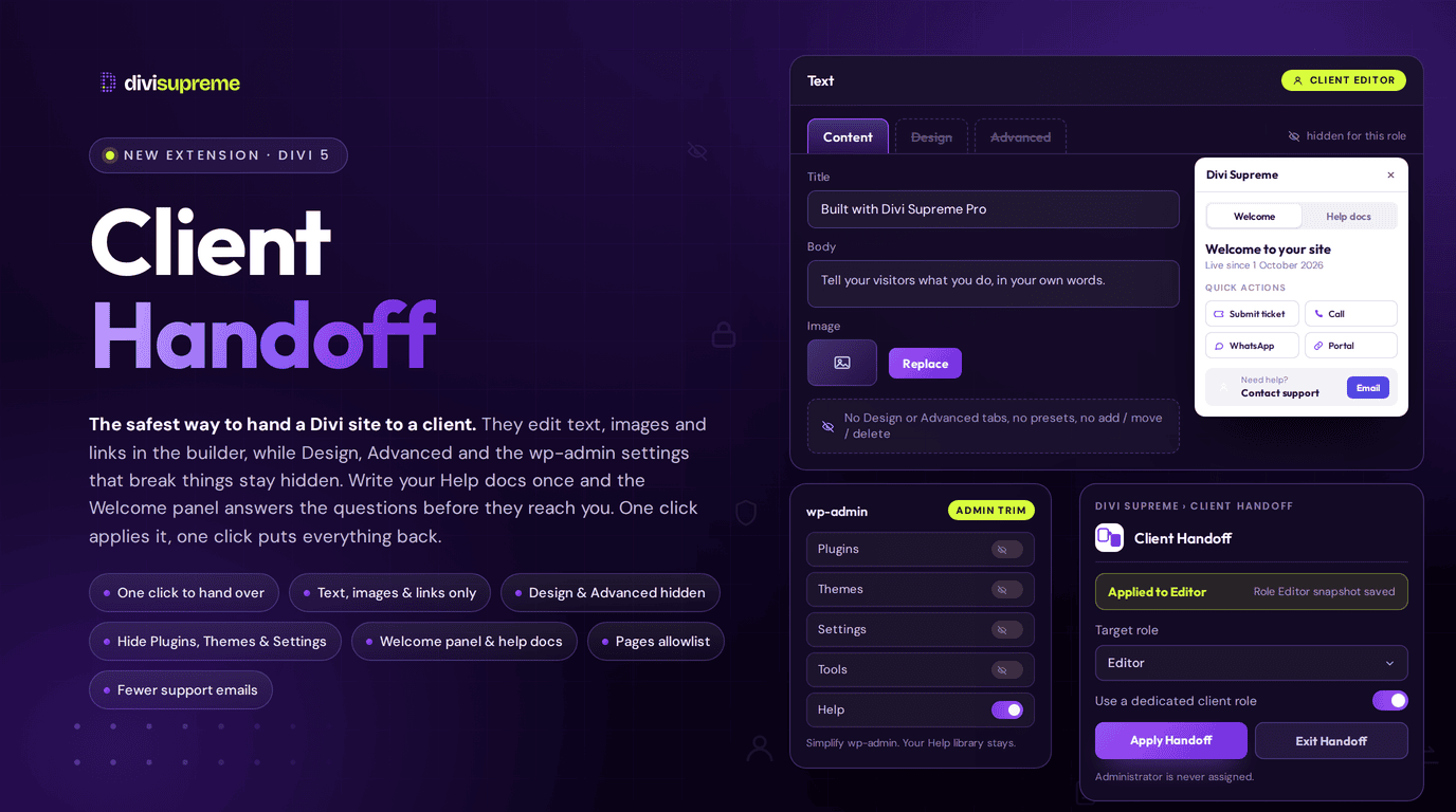 Client Handoff for Divi banner Client Handoff extension for Divi Supreme Pro, showing the content-only editor trim, wp-admin trim, and Apply Handoff panel